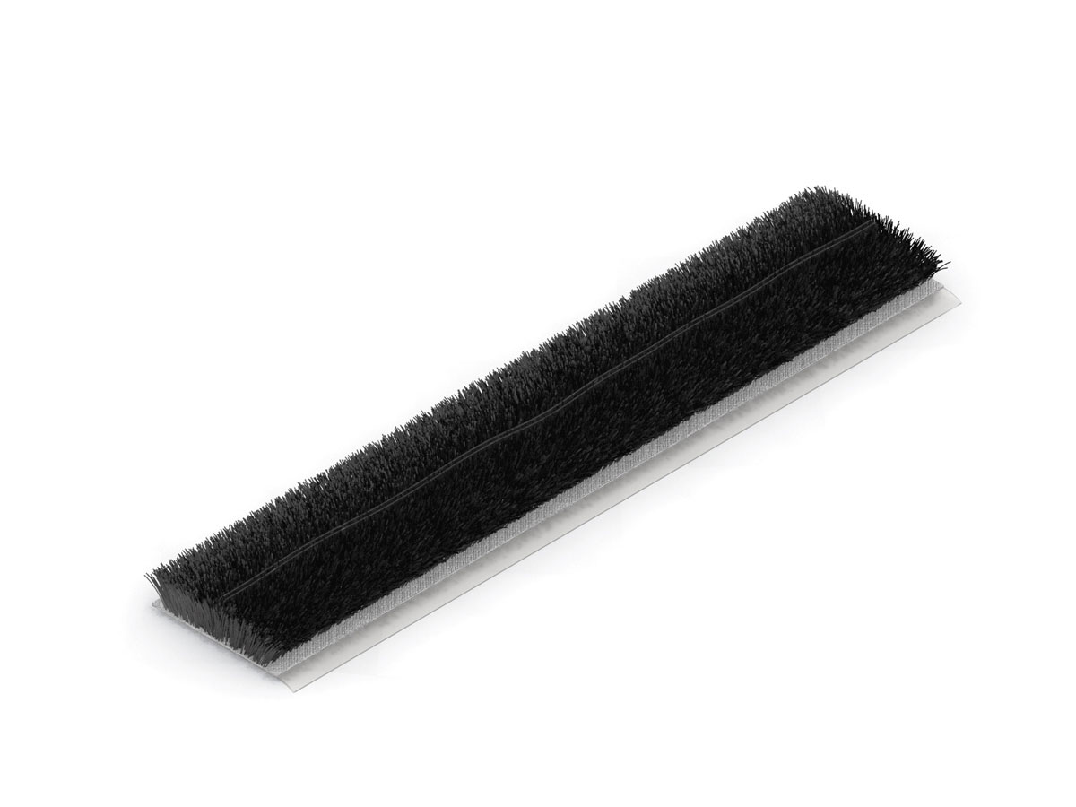 Black brush strip seal with dense bristles on a grey backing strip