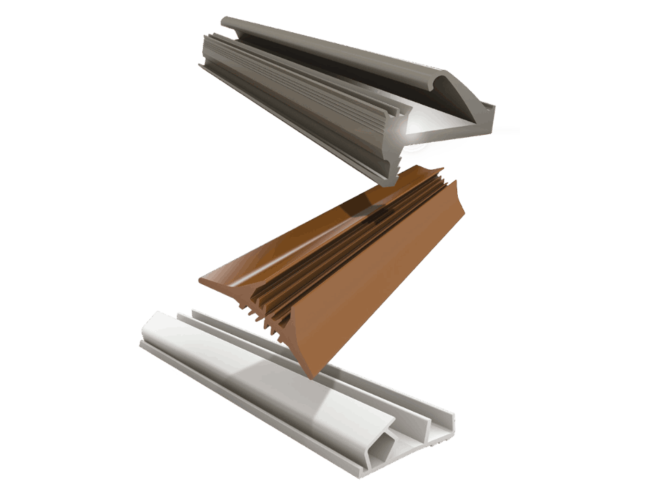 Grey, brown and white rubber sealing profiles