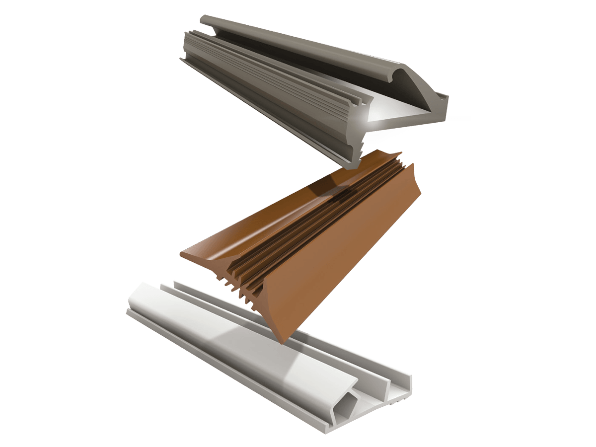 Exploded technical illustration showing three interlocking extruded profiles in grey, brown and white.