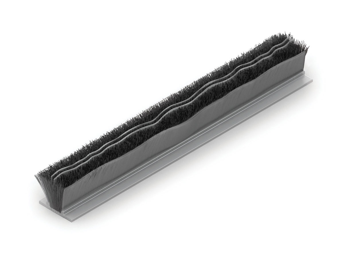 Black triple-row brush strip seal with wavy fins and flexible side barriers, mounted in a grey metal channel.