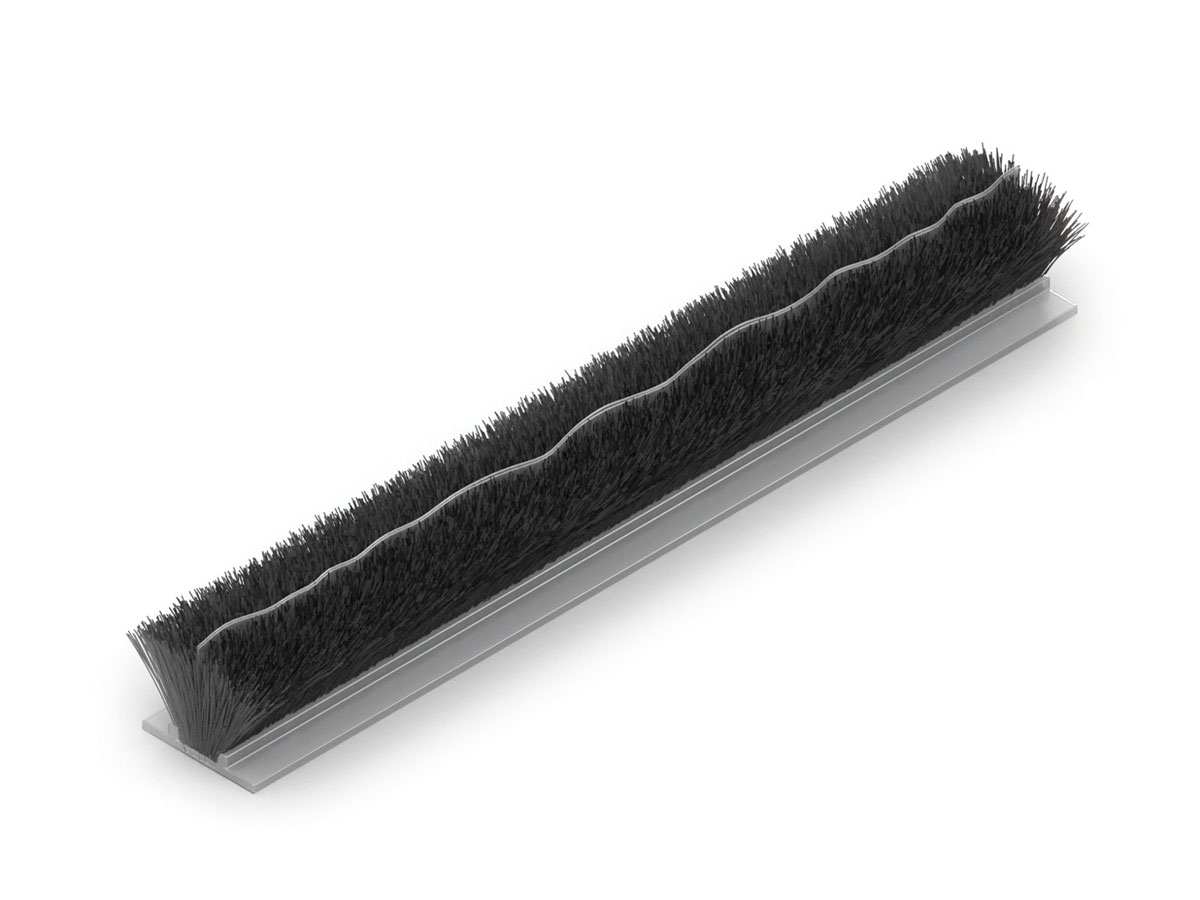 Black brush strip seal with dense bristles and a central wavy fin, mounted in a grey metal channel.