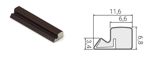 Brown rubber sealing profile with a technical cross-section showing dimensions of 11.6 mm wide and 6.8 mm high.