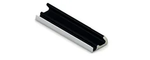 Black rubber sealing profile mounted in a silver metal channel