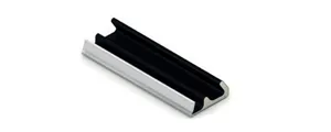 Black rubber sealing profile mounted in a silver metal channel