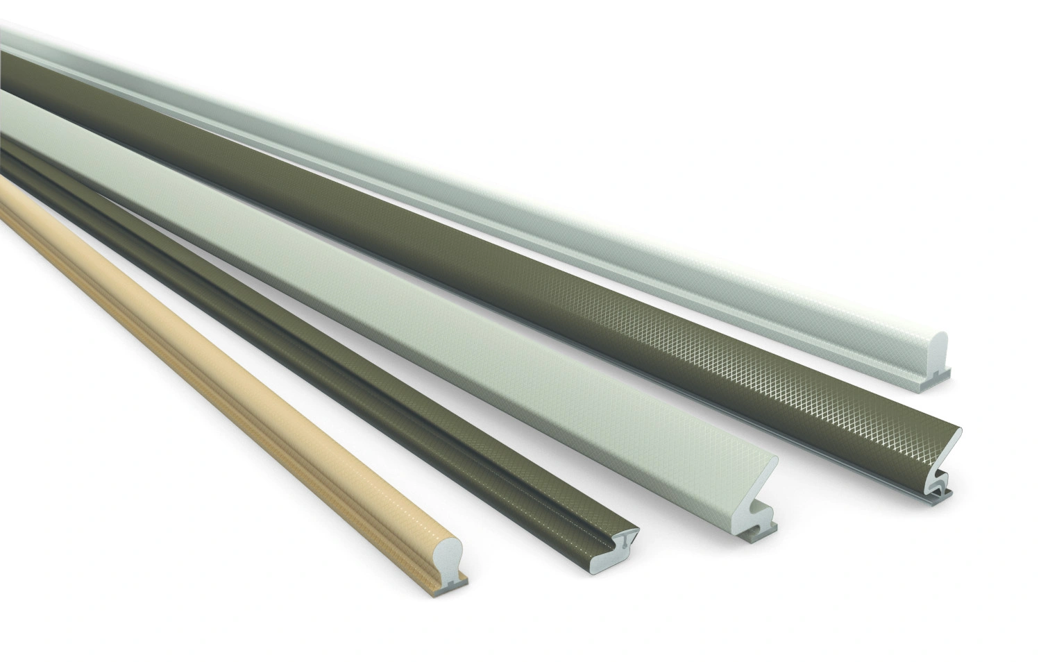 Assorted flexible sealing profiles in white, grey, black and beige