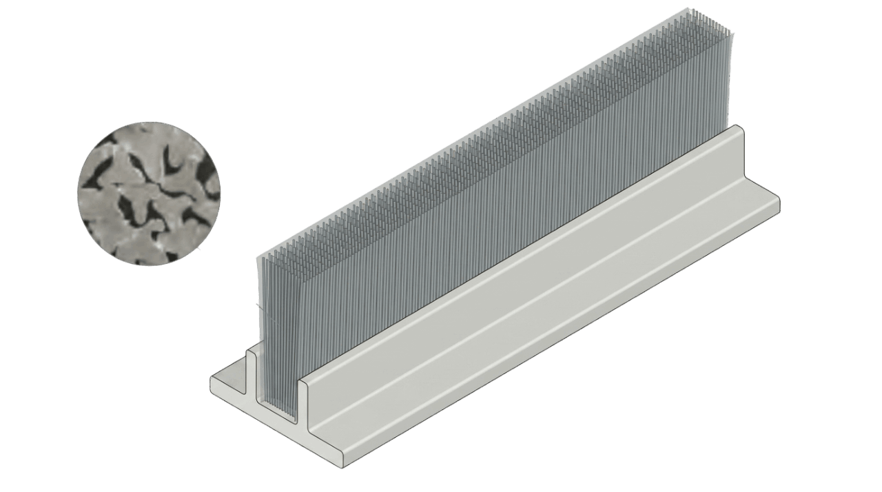 Technical illustration of a dense grey brush strip mounted in a channel, with an inset showing the bristle structure.