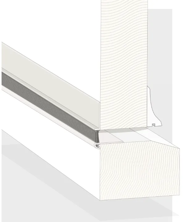 Technical illustration showing a sealing strip fitted between a timber window frame and sill.