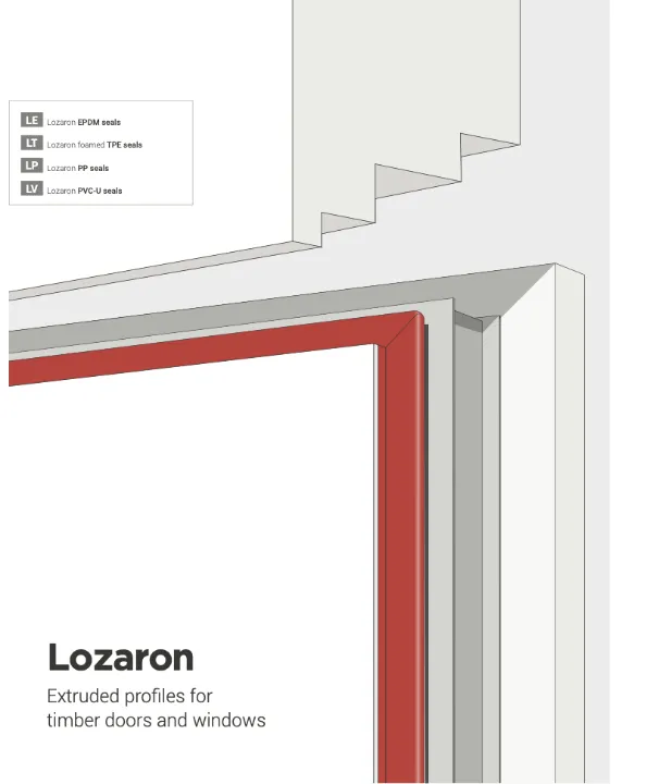 Lozaron extruded profiles brochure cover showing a red seal fitted around a timber window frame.