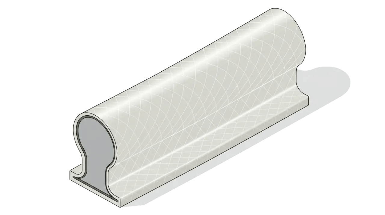 Technical illustration of a white reinforced tubular sealing profile with a rounded chamber and fixing flange.