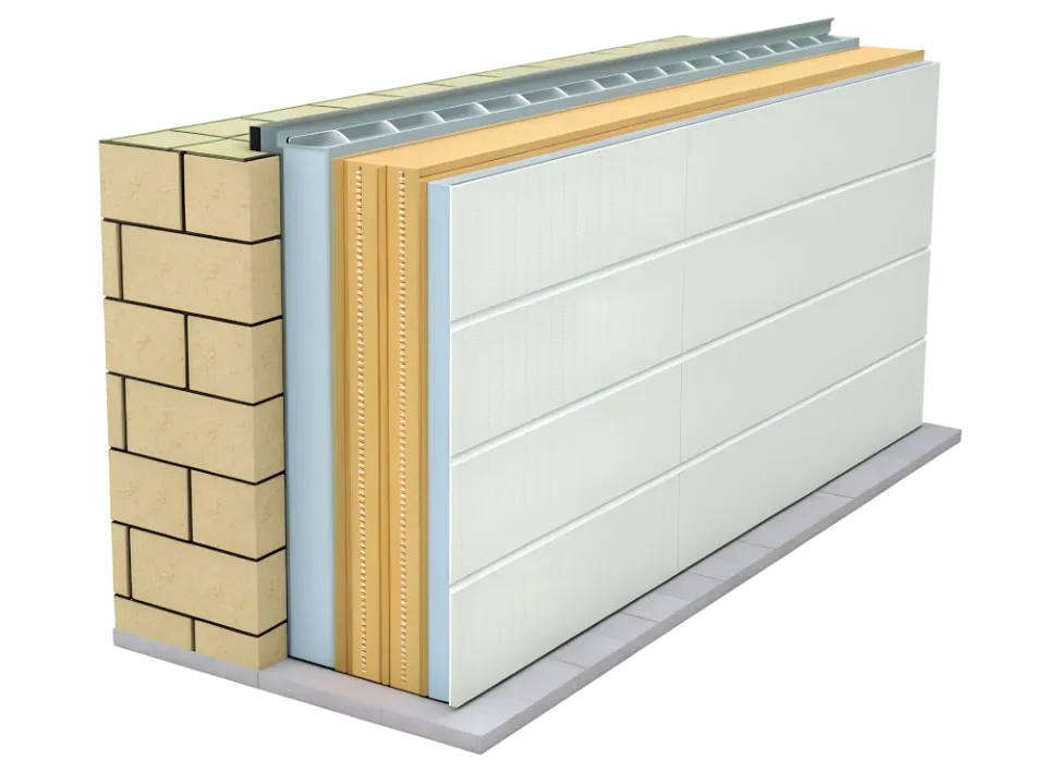 Technical illustration showing the layered construction of an insulated external wall.