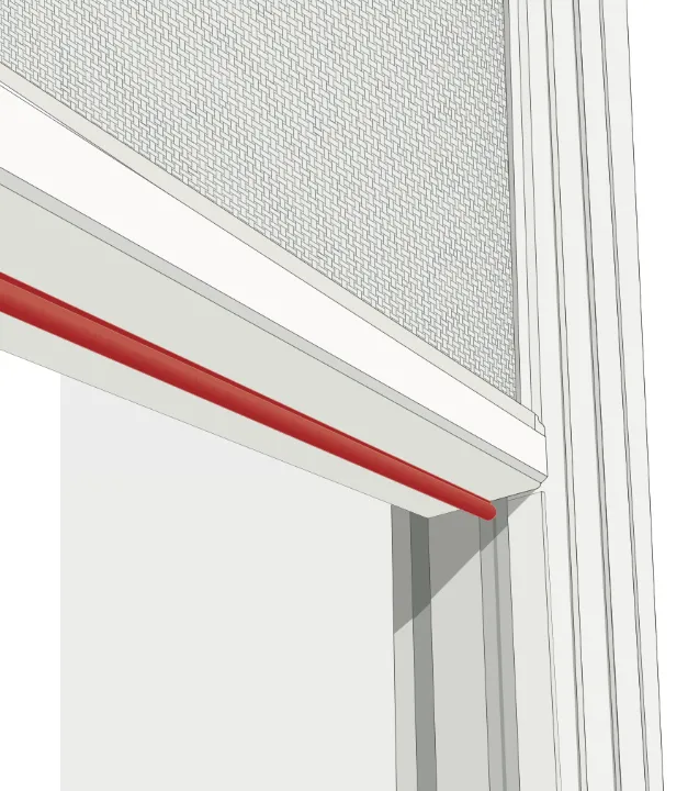 Technical illustration of a red sealing profile fitted beneath a window frame.
