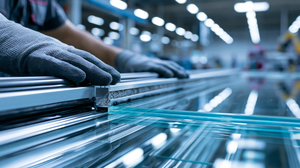 factory worker fitting a spacer profile to the edge of a glass panel.