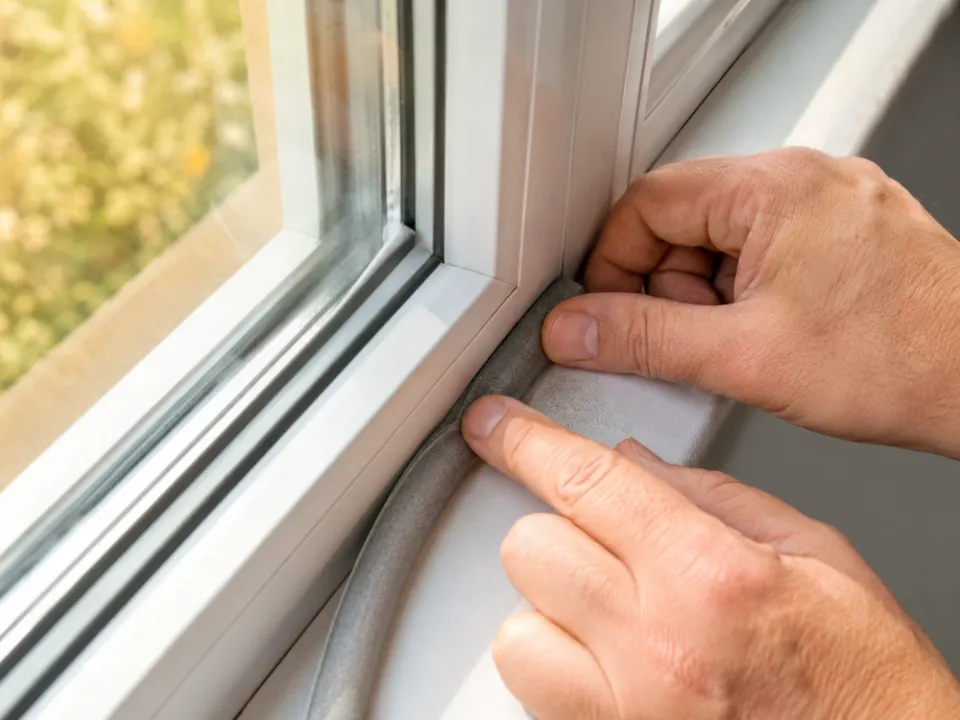 Hands installing a grey draught seal around a white window frame.