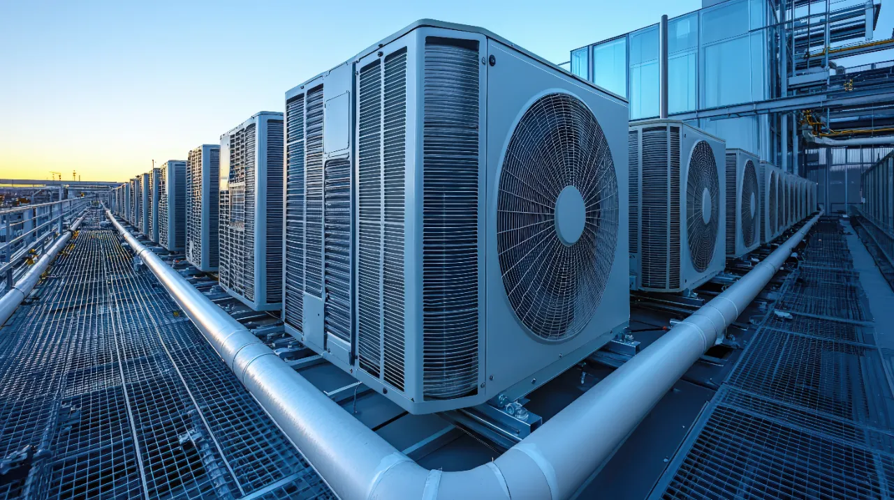 Rows of outdoor air conditioning units installed on raised frames beside a commercial building.