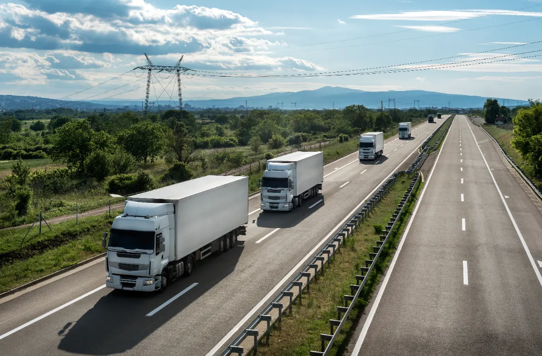 White freight lorries travelling along a motorway beneath overhead power lines