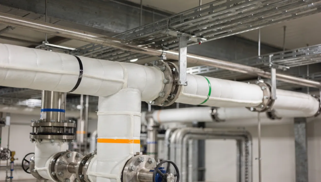 Insulated industrial pipework with flanged joints and valves inside a plant room.