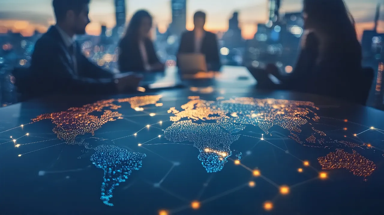 Illuminated digital world map showing global network connections on a table, with business professionals meeting in the background.
