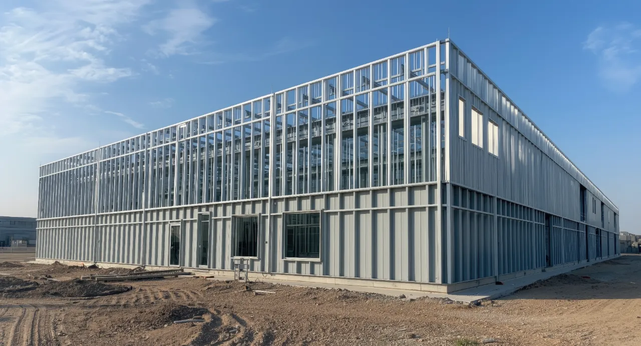 Steel-framed industrial building under construction beneath a clear blue sky.